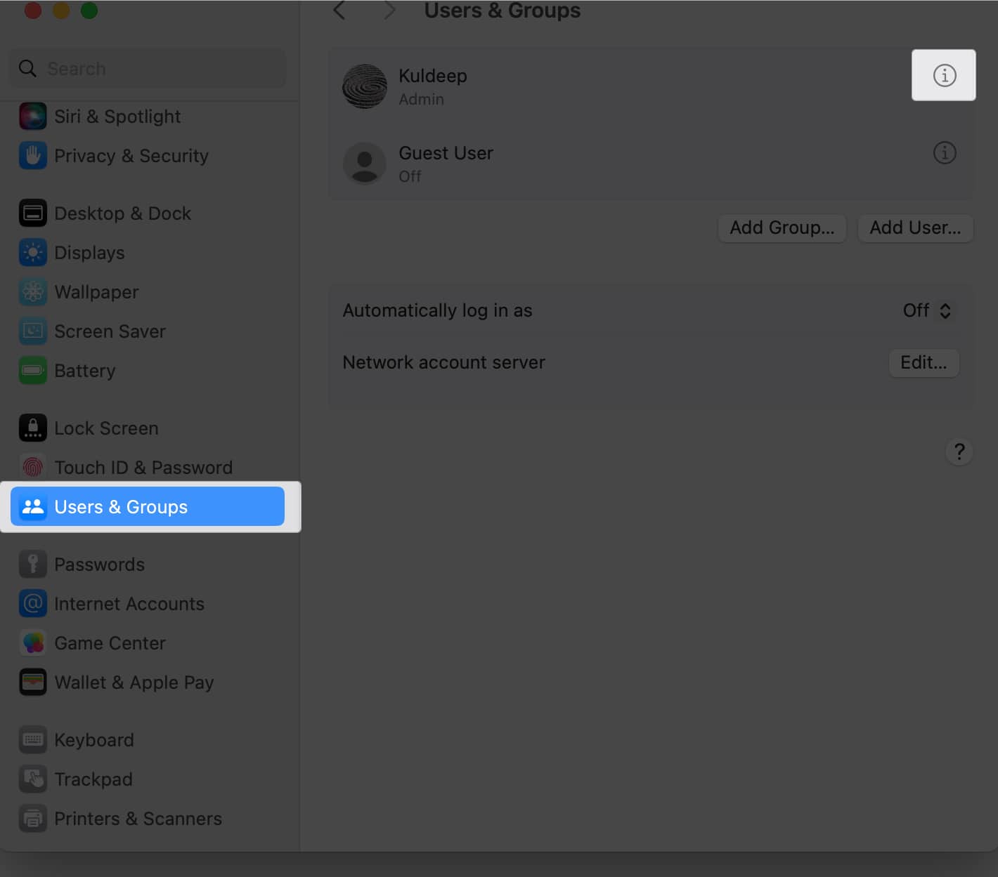 Go to Users  Groups and Tap on info icon