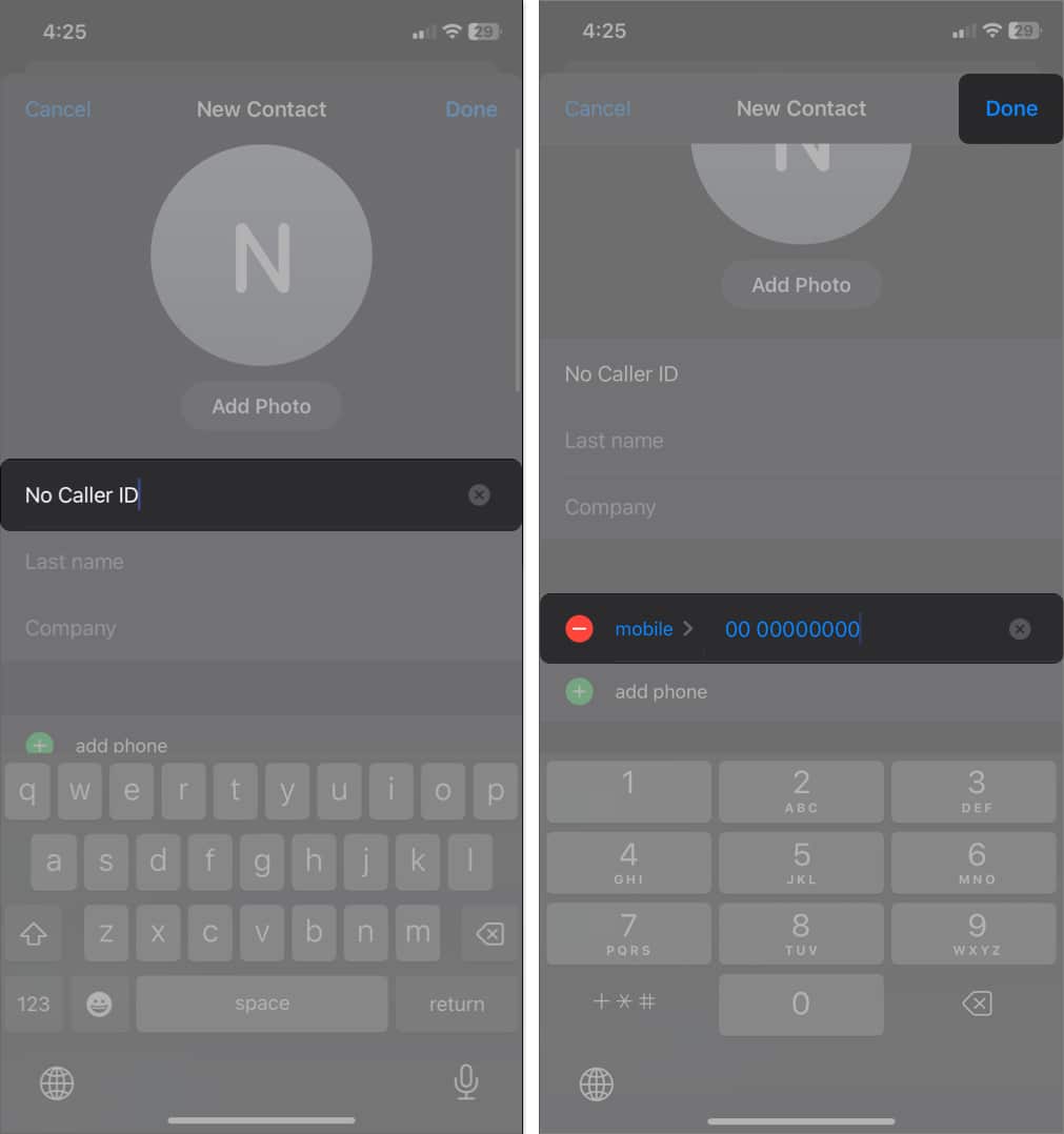 Open Contacts tap + and enter name and number tap Done