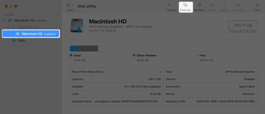 Open Disk Utility select the Disk and tap on First Aid in the top toolbar