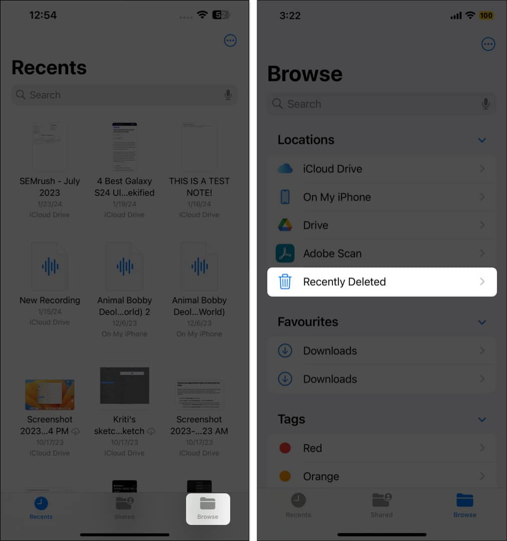 Open Files app on your iPhone go to Browse tab select Recently Deleted