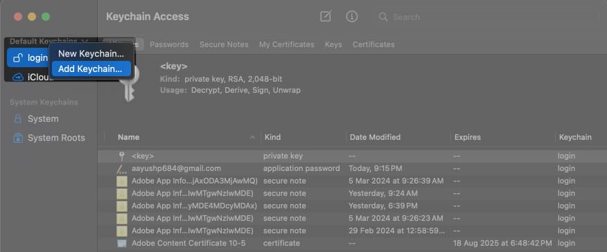 Open Keychain Access Right click Keychain Access app's sidebar and Select Add Keychain
