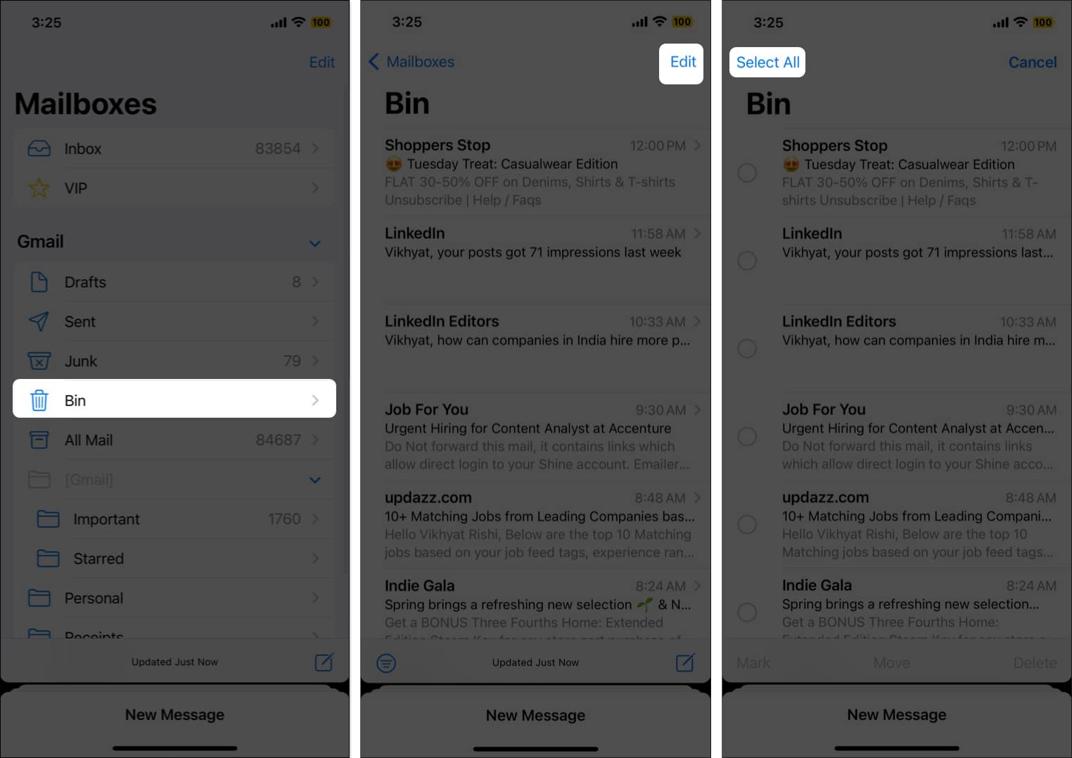 Open Mail app select Bin tap Edit and choose Select All
