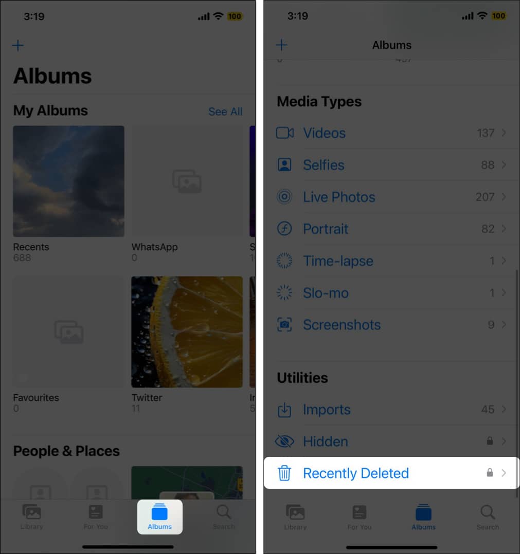 Open Photos app on you iPhone select Albums and scroll down to Recently Deleted