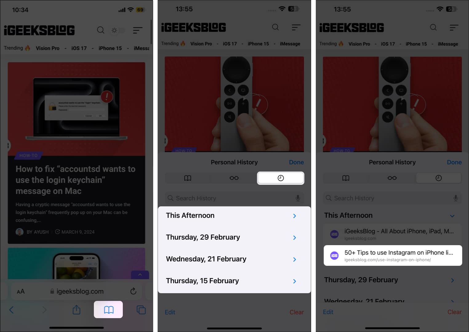 Open Safari Select Bookmark icon Go to Personal History tab select desired day or date and Select Web Page you want to open