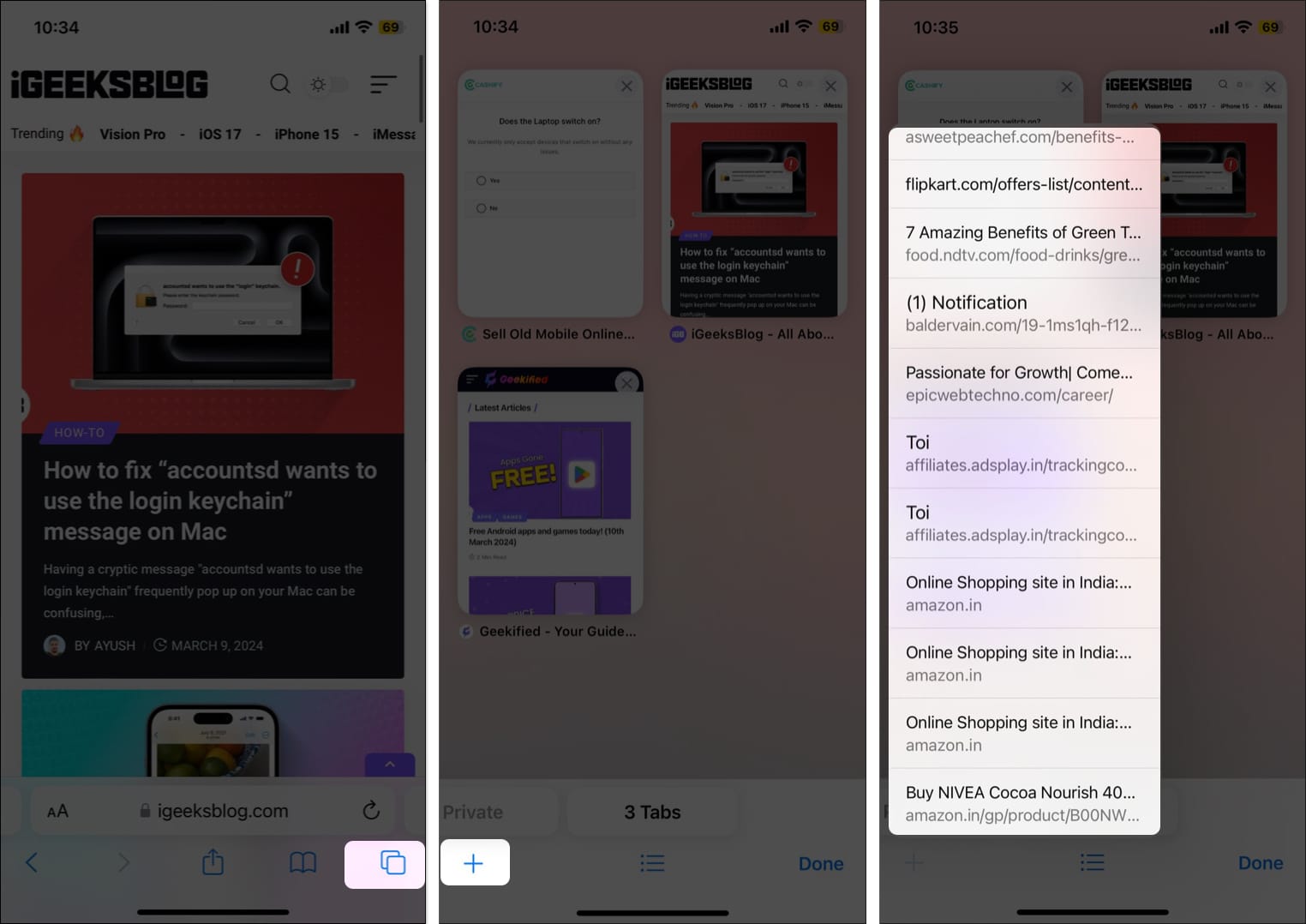 Open Safari select Tabs icon tap and hold the plus icon select the web page you want to reopen