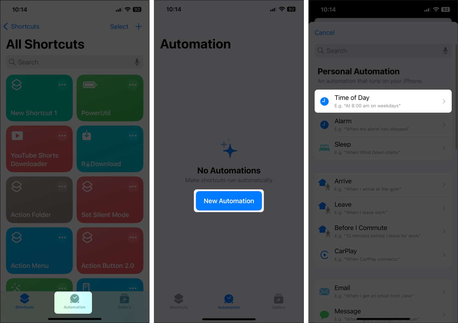 Open Shortcuts app select Automation Tap New Automation and Choose Time of the day