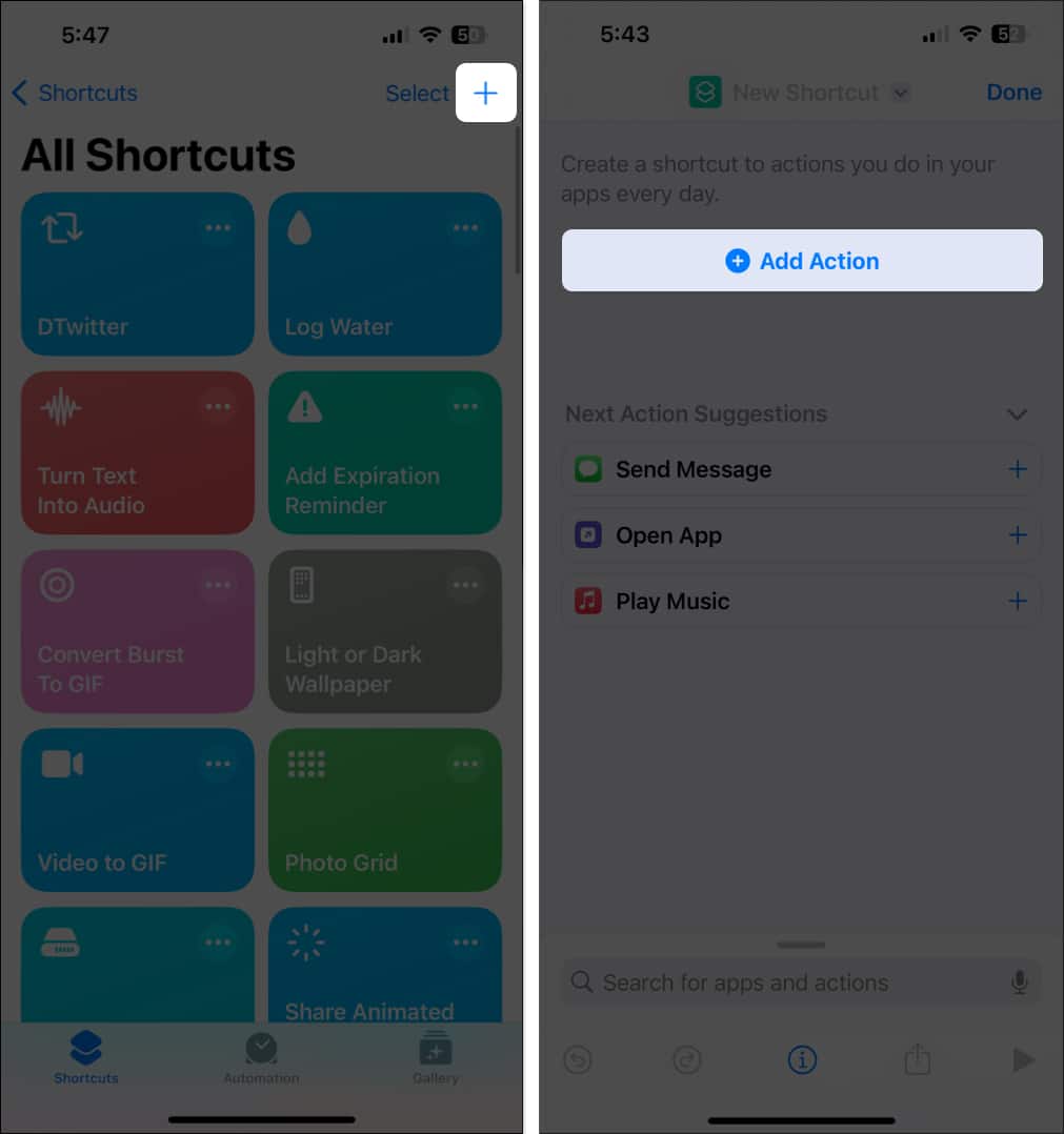 Open Shortcuts app tap plus button and select Add Action