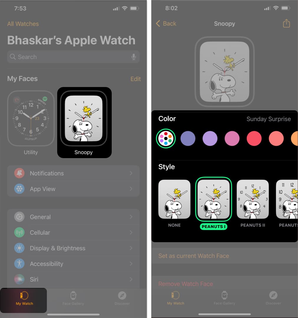 Open the Watch app find Snoopy under My Faces and pick the Color and Style you like