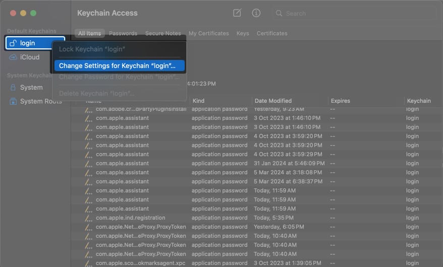 Right click on login and Then select Change Settings for Keychain login