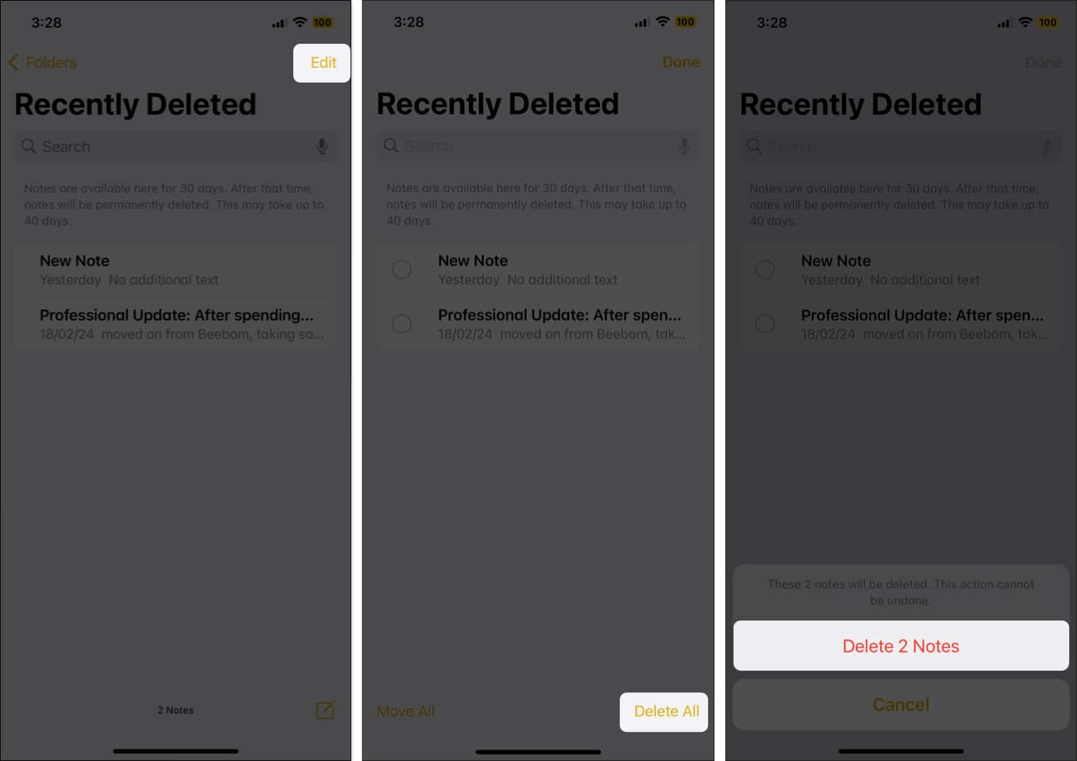 Select Edit Delete All and Delete in Notes app on your iPhone