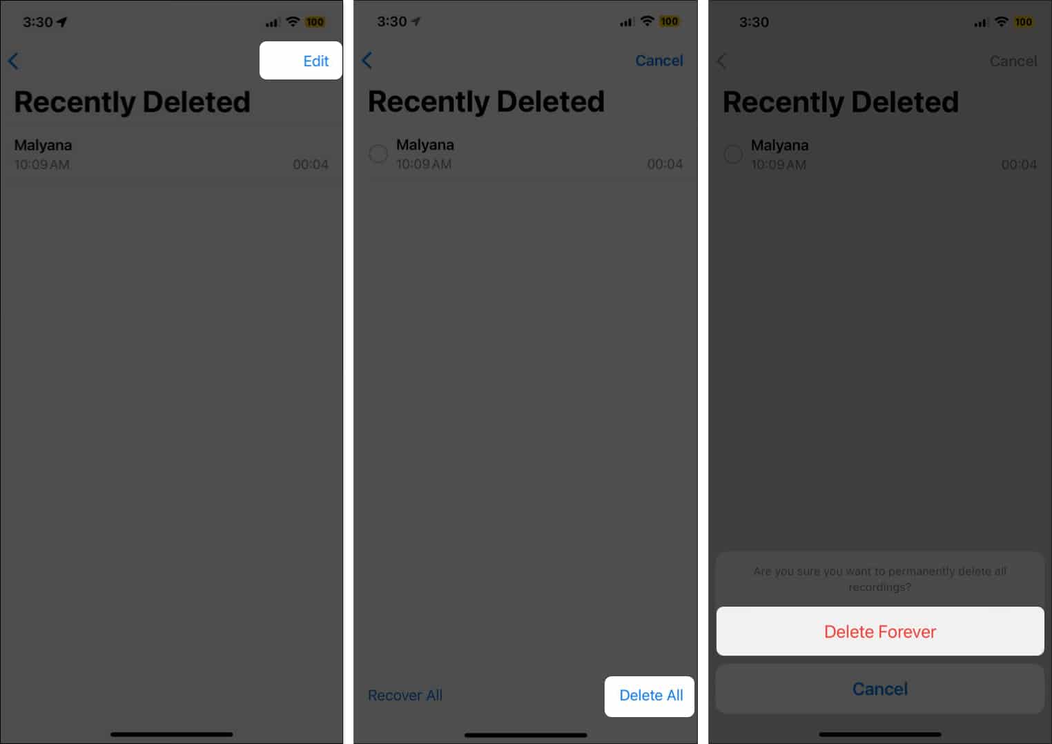 Select Edit tap Delete all and Delete Forever