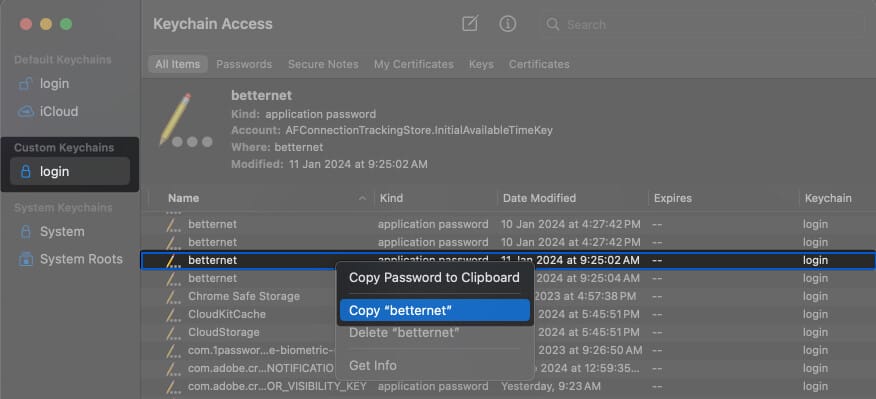 Select Login Keychain right click on the password and select Copy