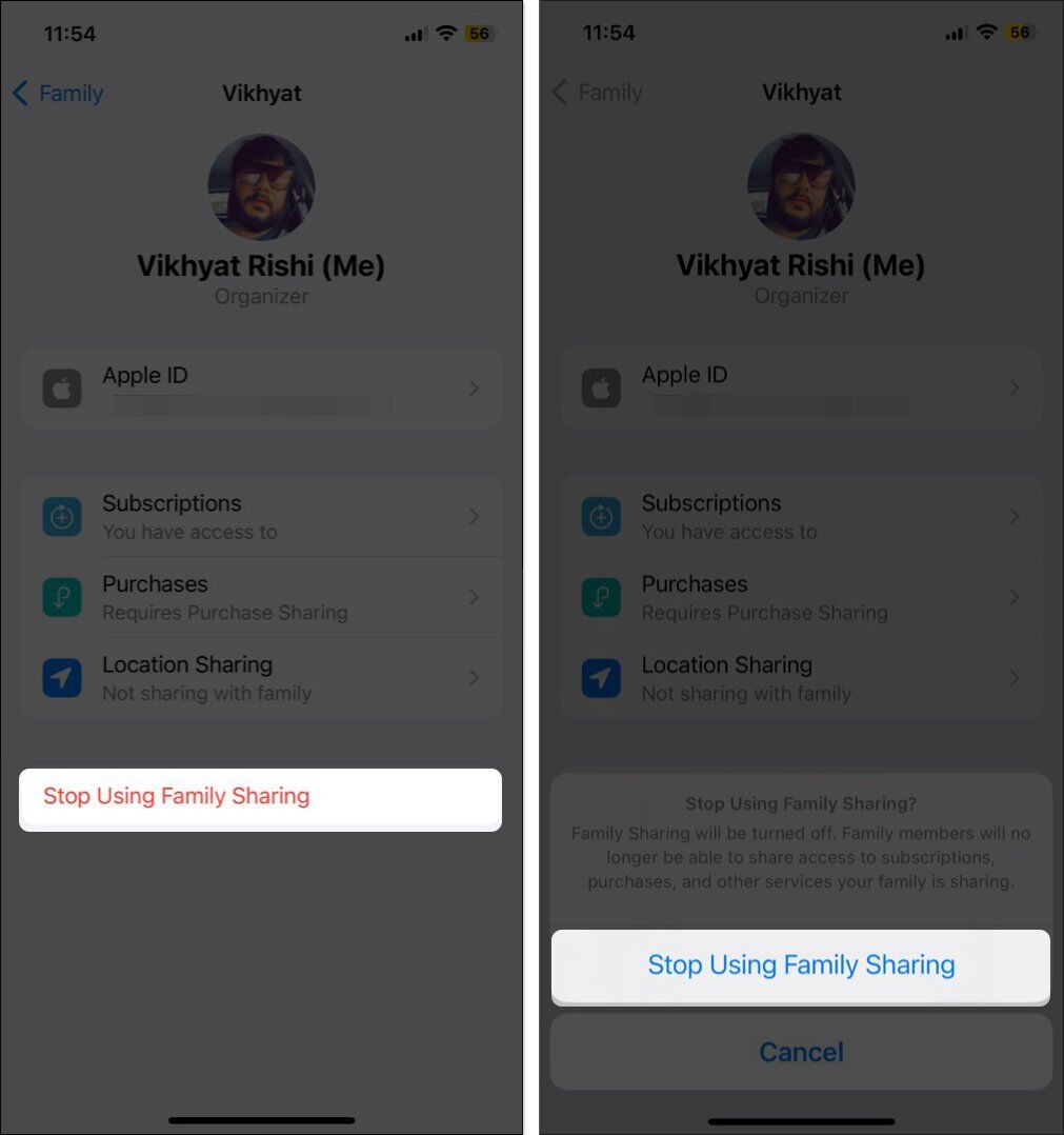 Select Stop Using Family Sharing and confirm it ag