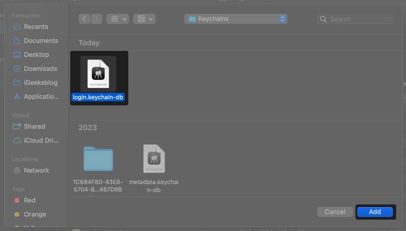 Select loginkeychain db and click on Add