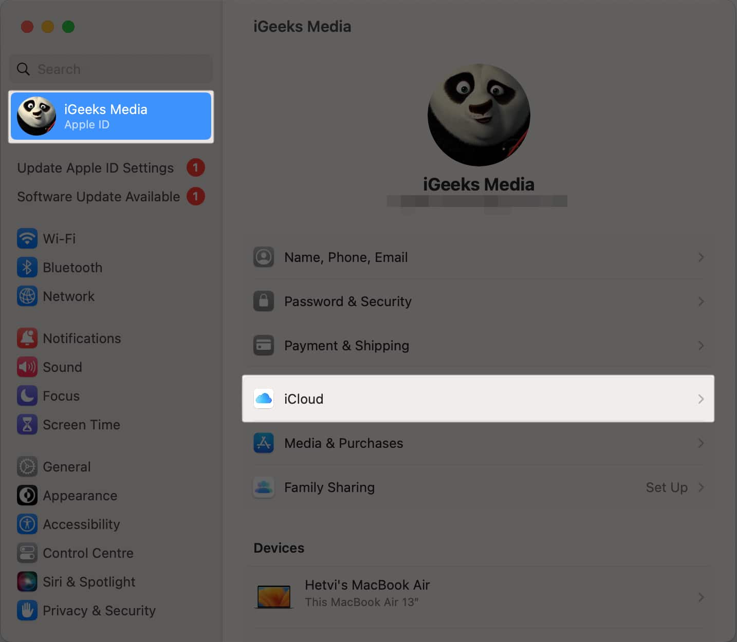 Select the Apple ID on Mac tap iCloud