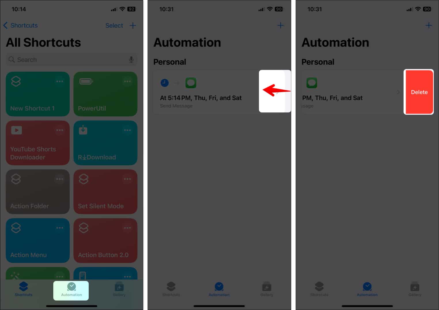 Select the Automation tab in Shortcuts app swipe left on the automation and Tap Delete