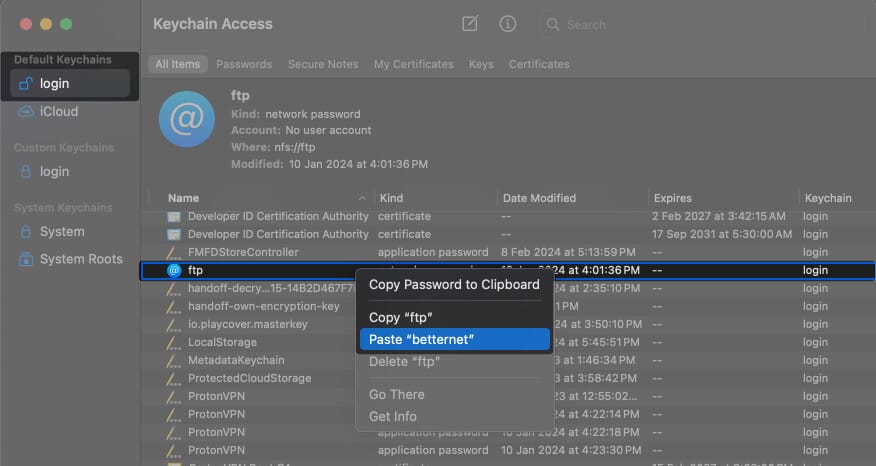 Select the Login Keychain Right click the area with a striped background and Select Paste