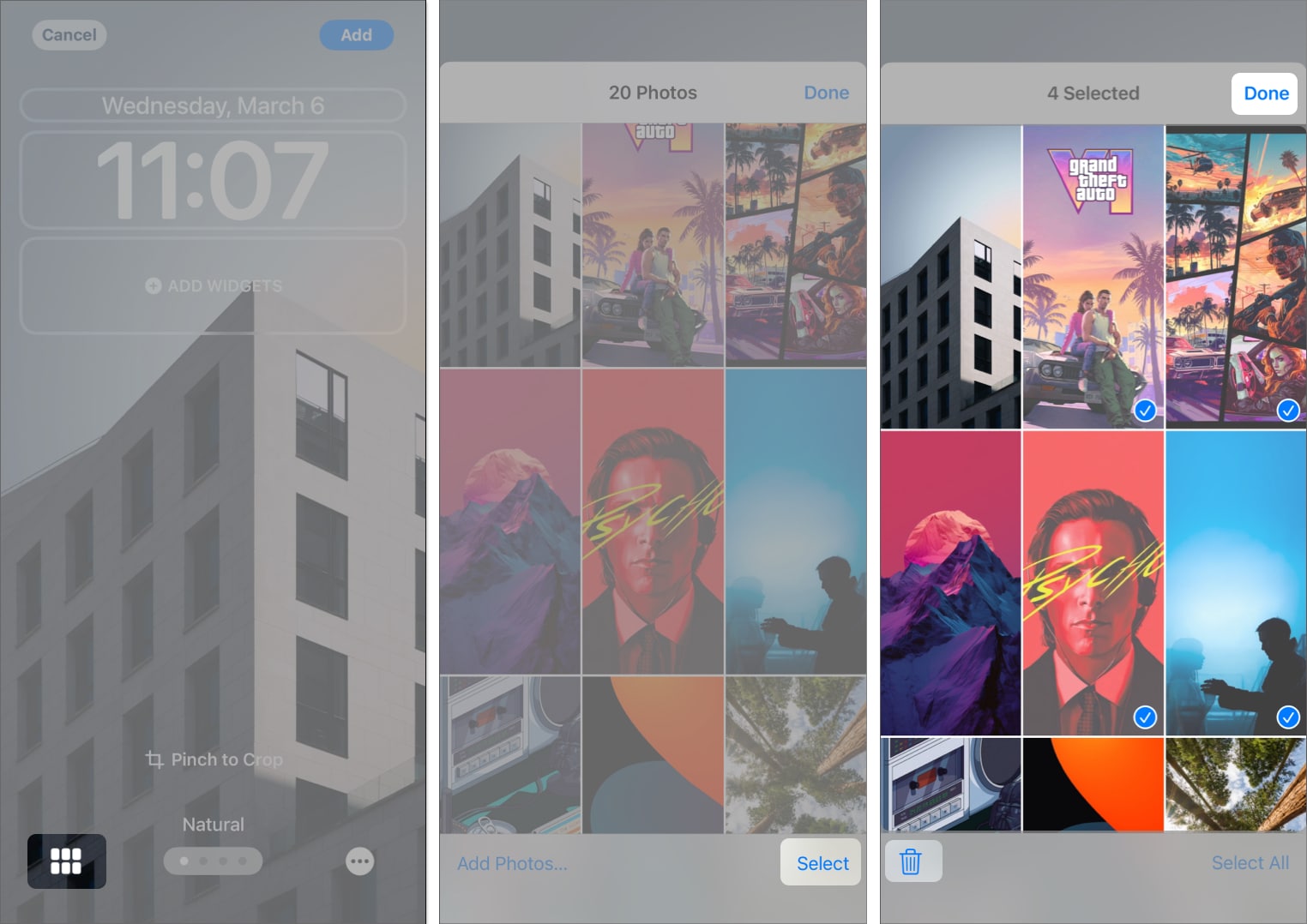 Select the Photo Shuffle icon tap Select choose the wallpaper you want to delete select the Bin icon and tap Done