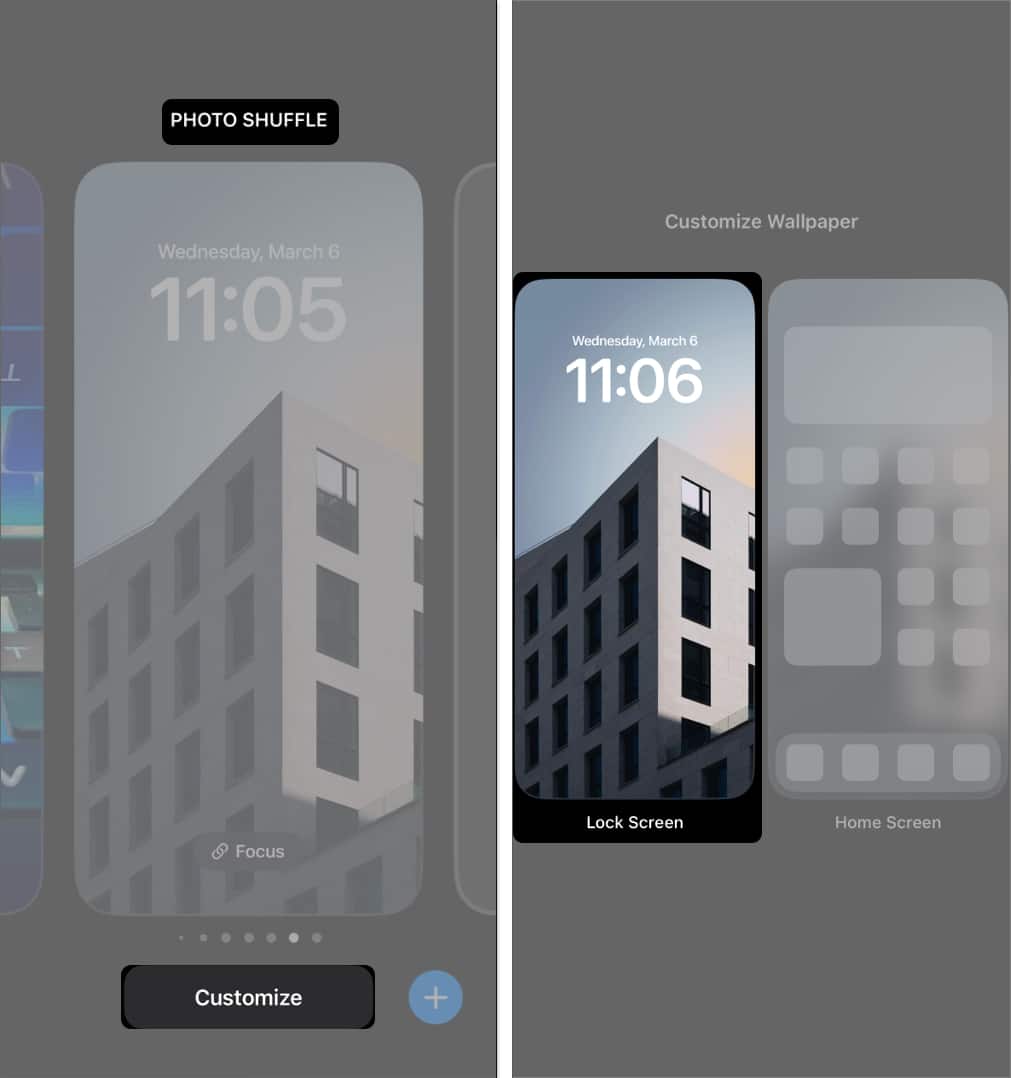 Swipe left or right to find the phone shuffle album select Customize and select the Lock Screen on your iPhone