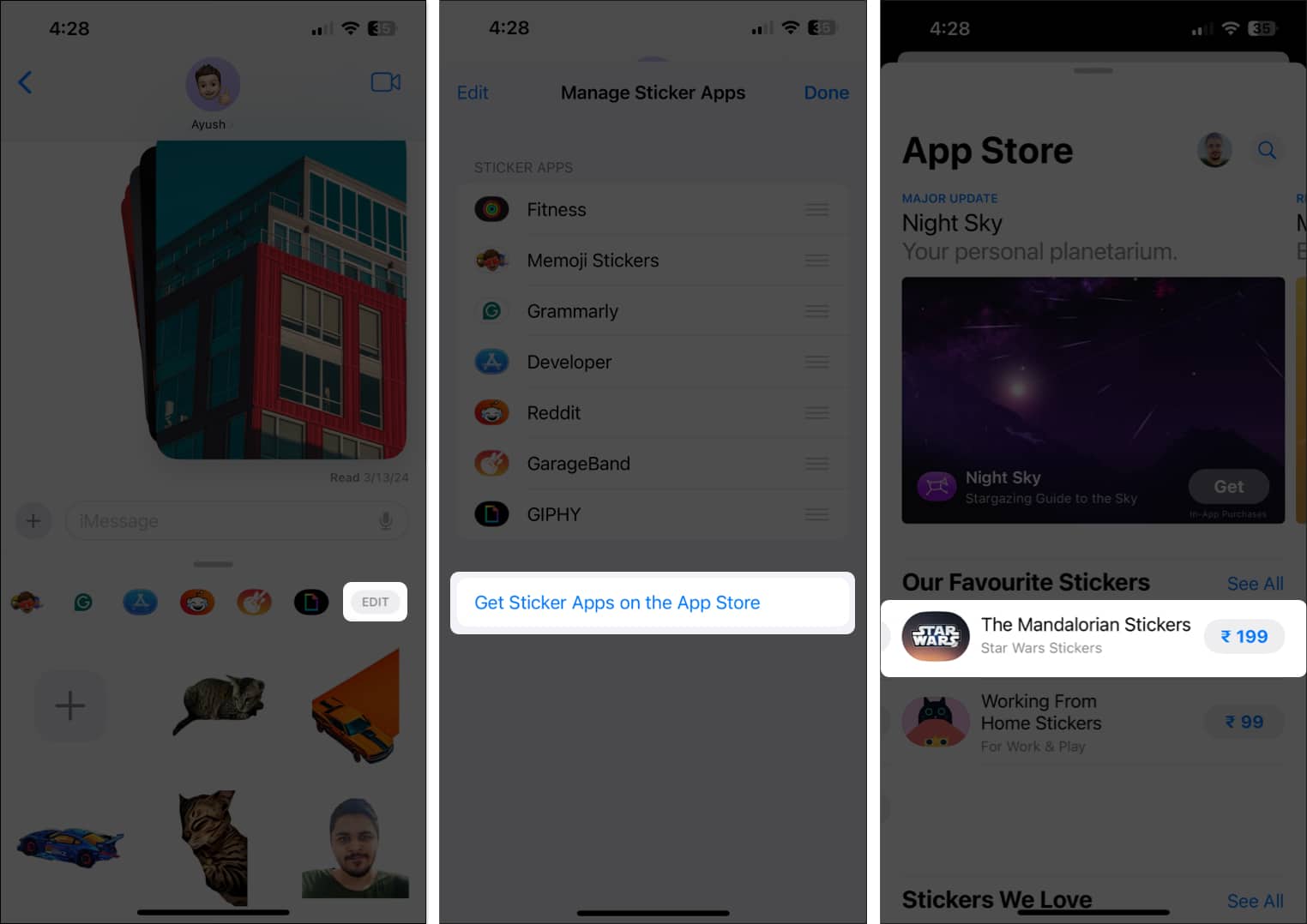 Tap on Edit select Get Sticker Apps on the App Store and select any paid stickers pack you want to gift