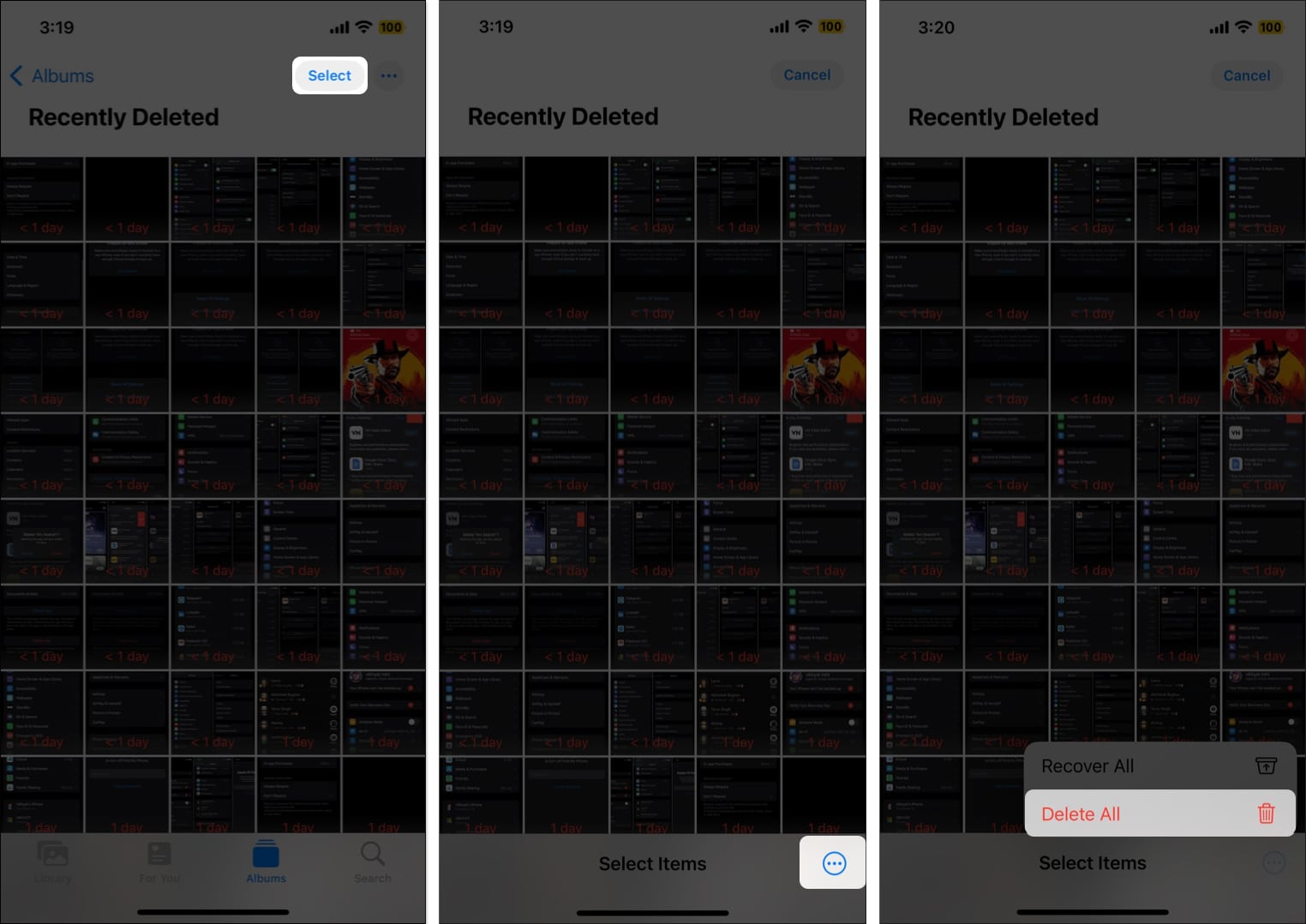 Tap on Select three dots icon and select Delete All in Photos app on iPhone