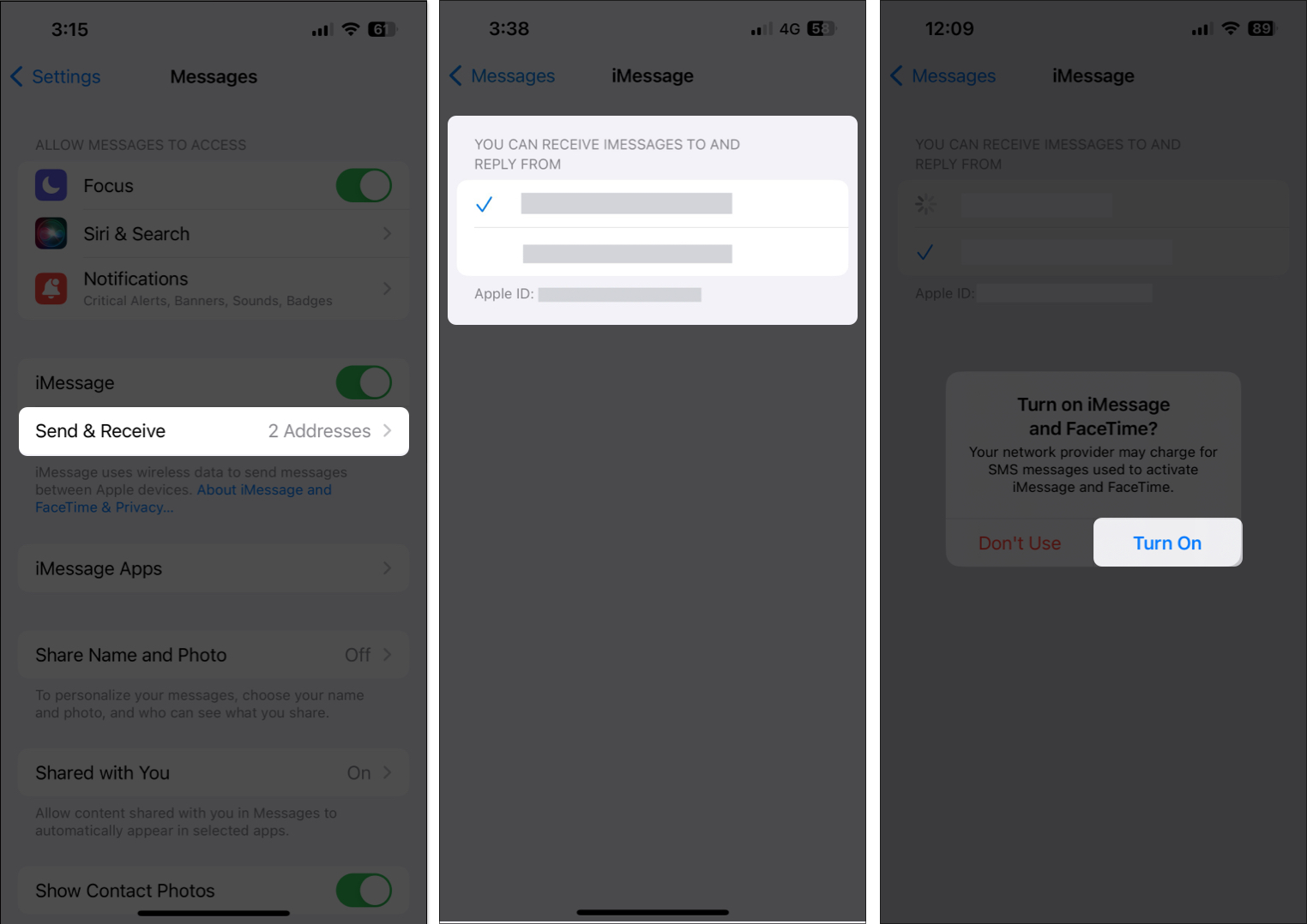 Tap on send receive in messages tab select new number and hit turn on when pop up appears Tap on Send Receive in Messages tab Select new number and Hit turn on when pop up appears