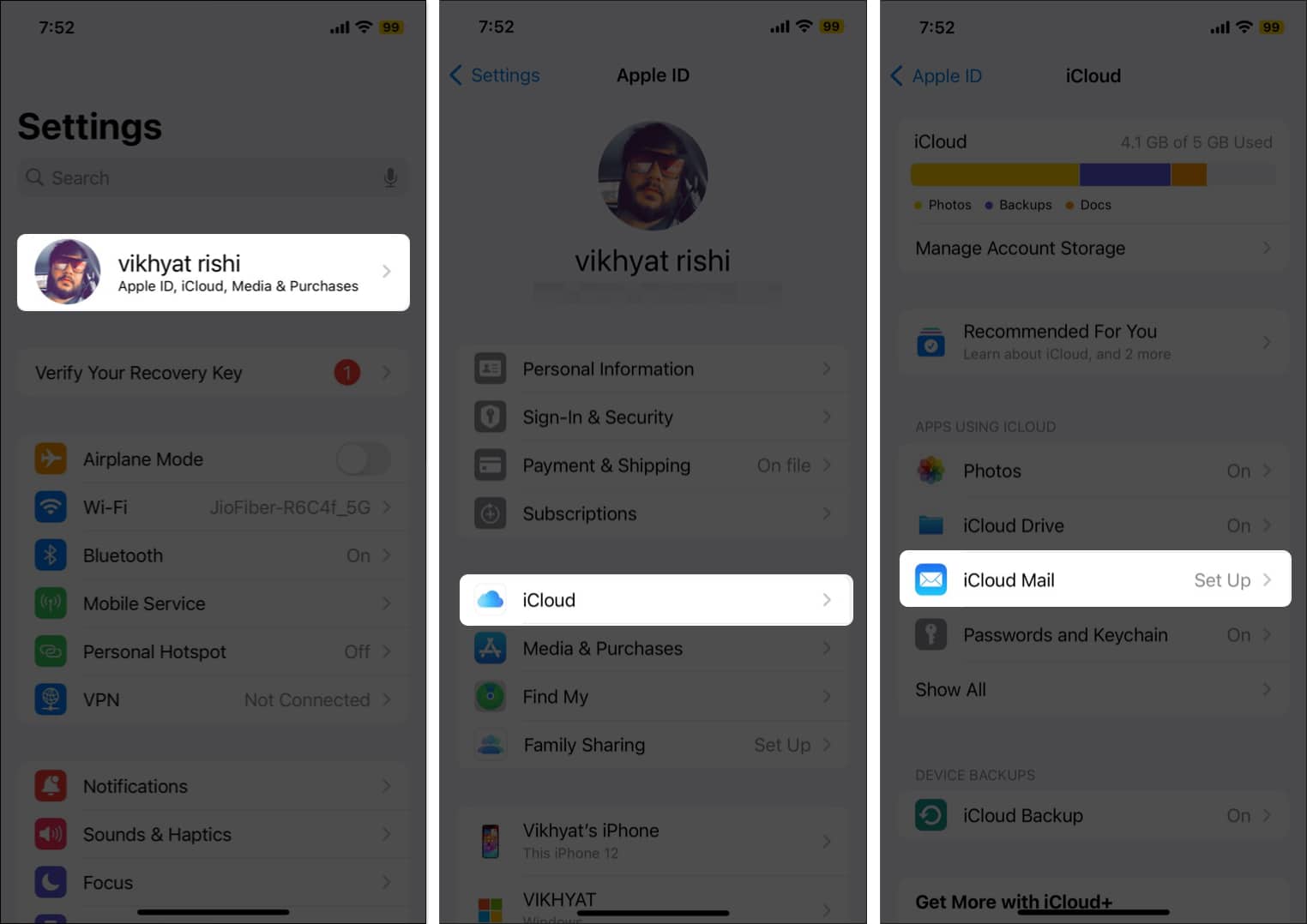 Tap on the Apple ID select iCloud and choose iCloud Mail on your iPhone