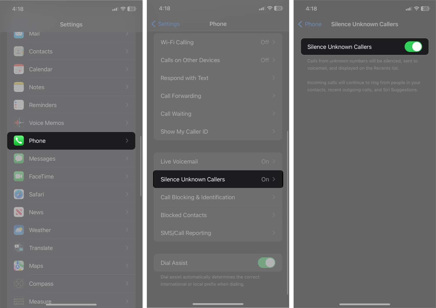 go to phone silence unknown callers toggle on silence unknown callers in settings