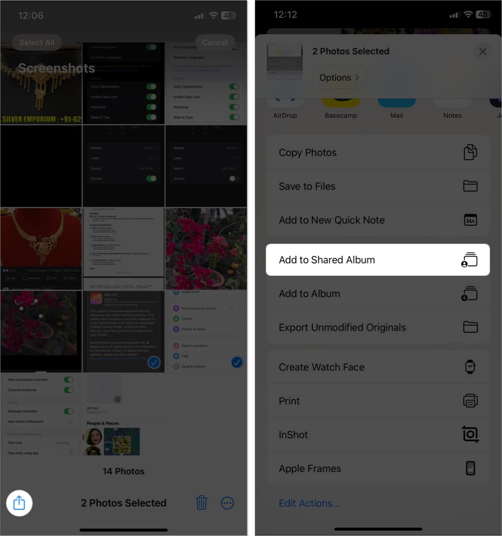 select photos tap share add to shared album in photos