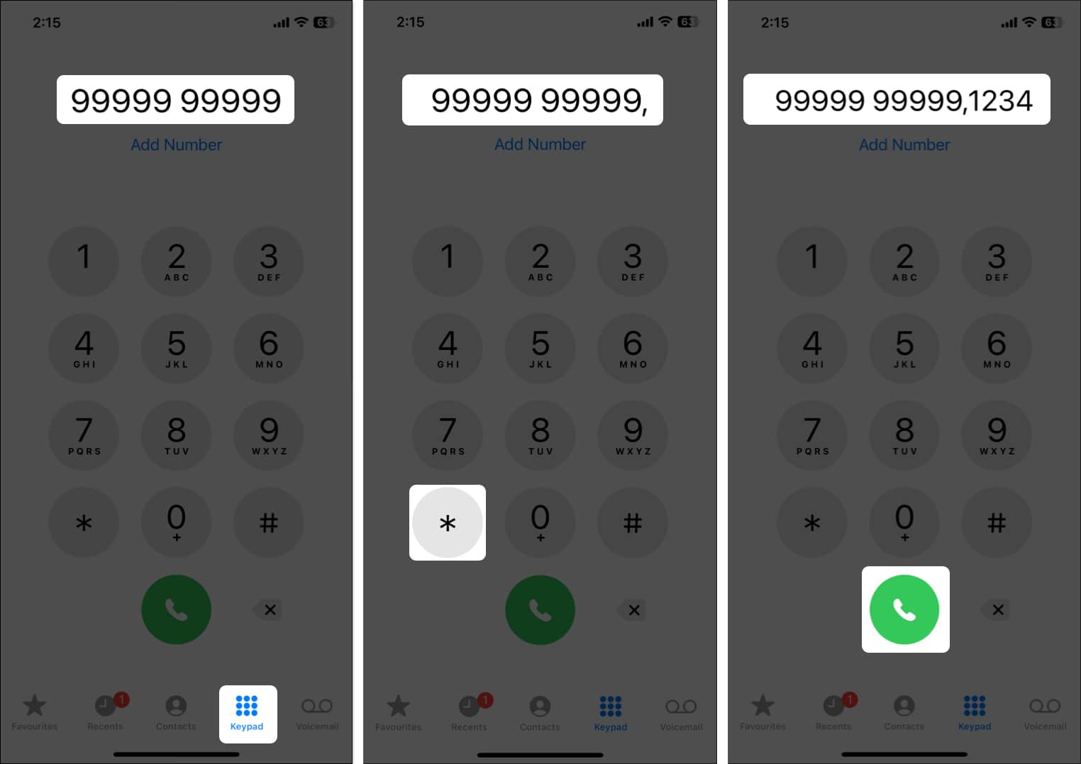 Enter number long press  sign see comma add extension after comma dial