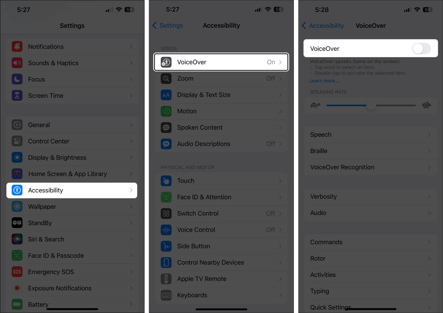 Go to Accessibility select VoiceOver toggle off VoiceOver