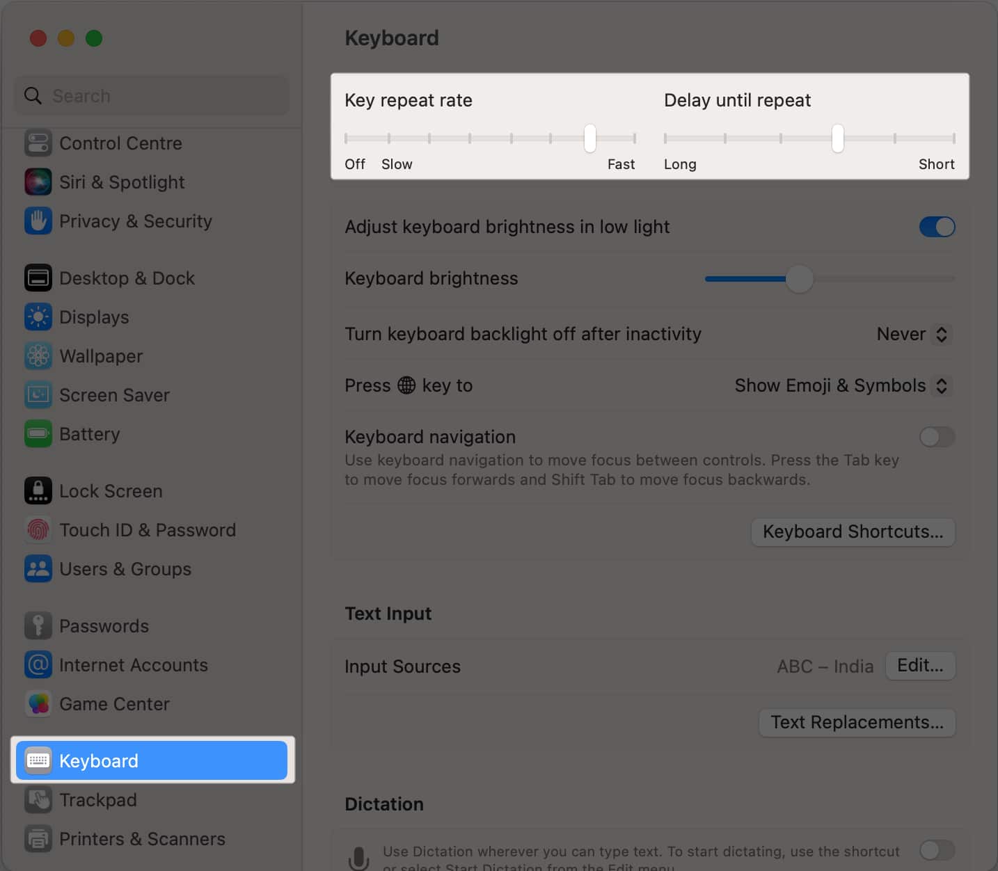 Select Keyboard in Settings adjust Key repeat rate and Delay until repeat on Mac