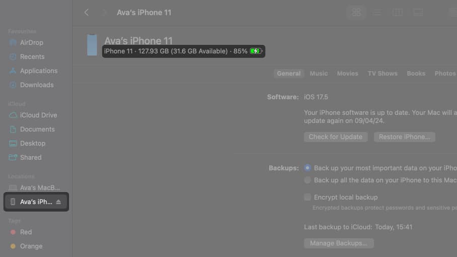 click iphone in sidebar iphone model name in finder