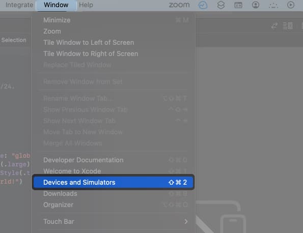 click windows devices and simulators in xcode