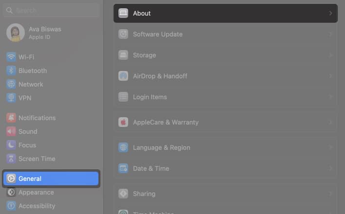 go to general about in system settings