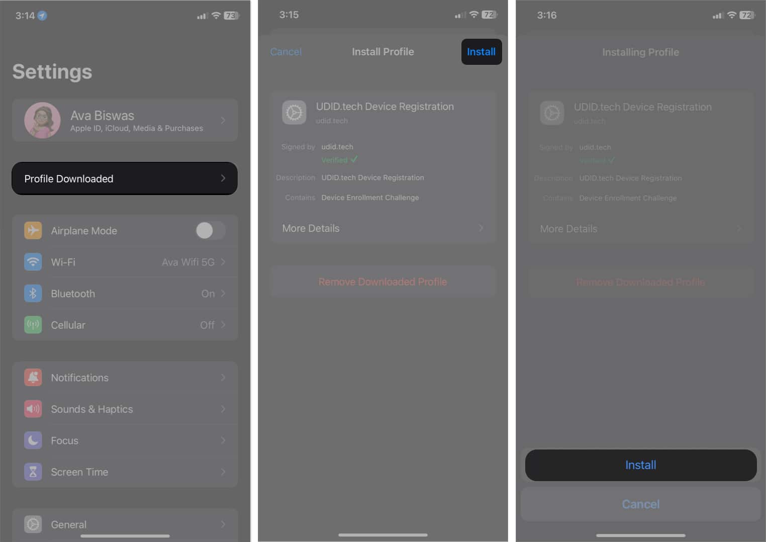 profile downloaded install in settings