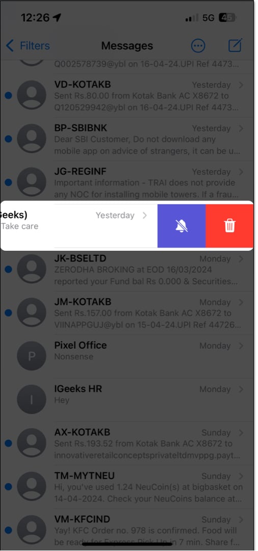 swipe left on message tap silent bell icon to enable hide alerts