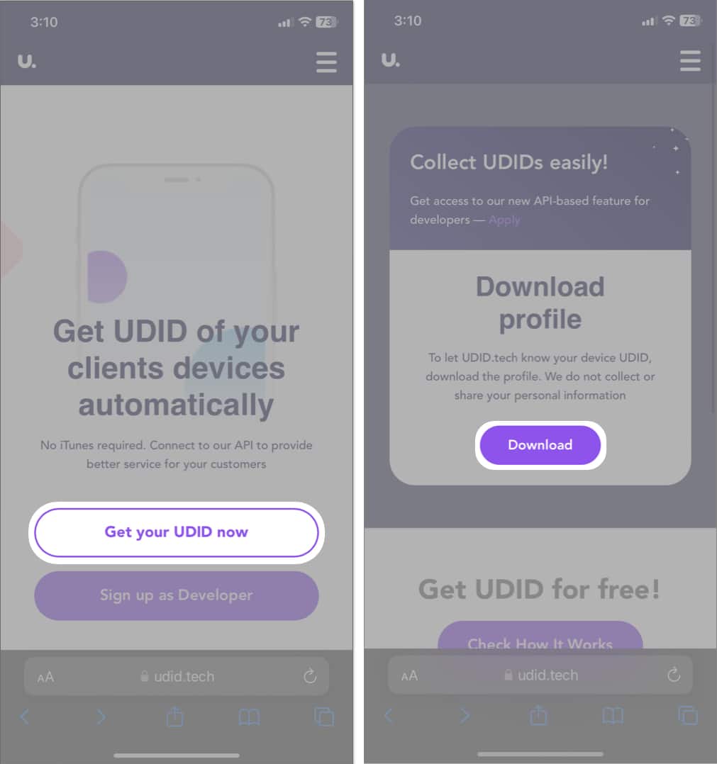 tap get your udid now download in iphone safari