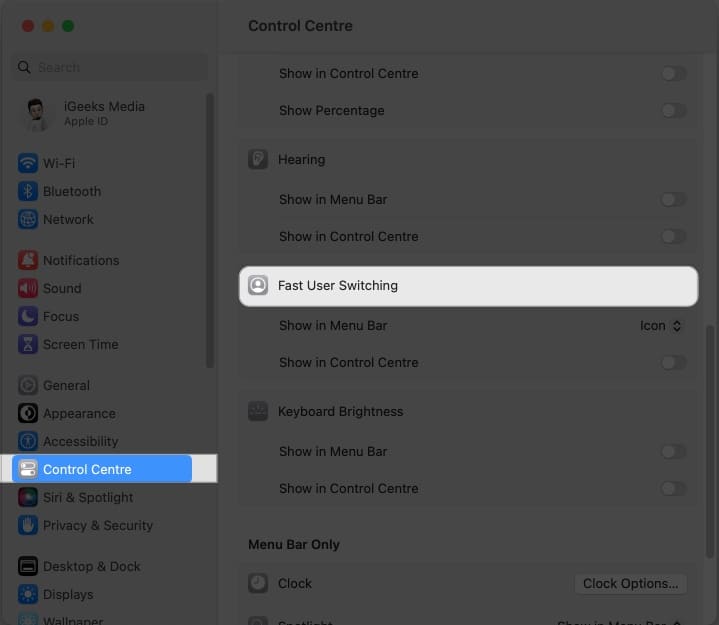 Access control center fast user switching in ssystem settings