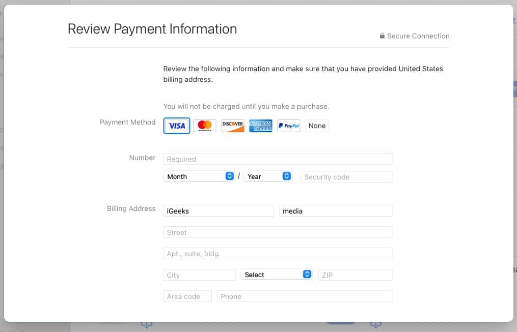 Add payment and billing information continue