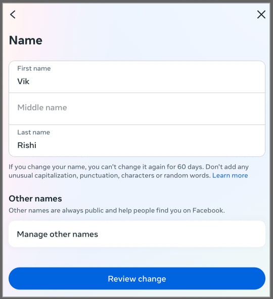 Change your Facebook name and tap Review change