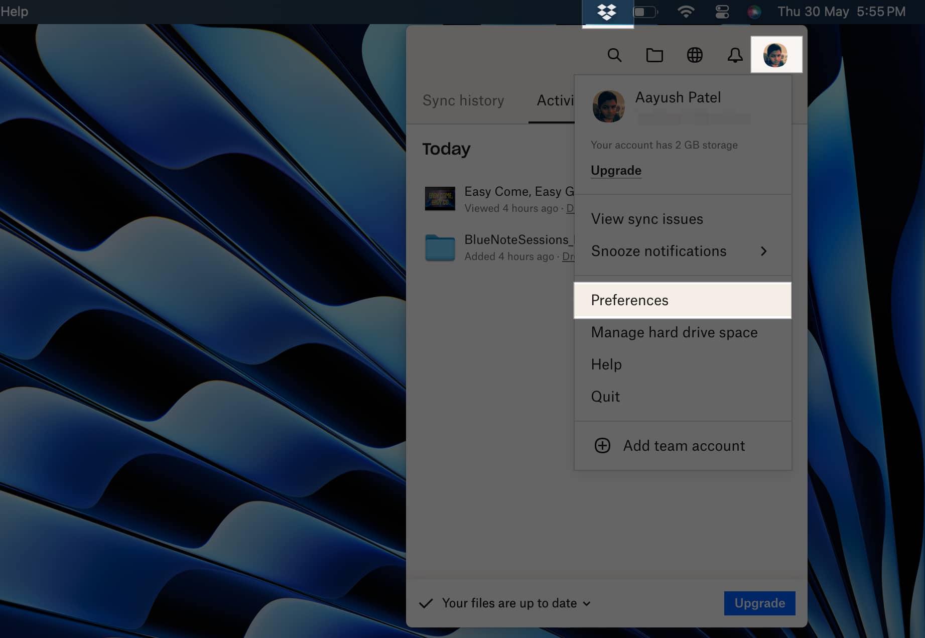 Choose Preferences under profile in Dropbox app