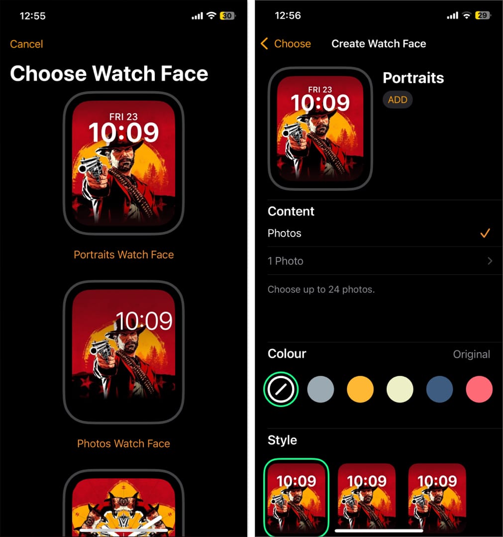 Choose watch face set color style and complications to create a new Apple Watch face