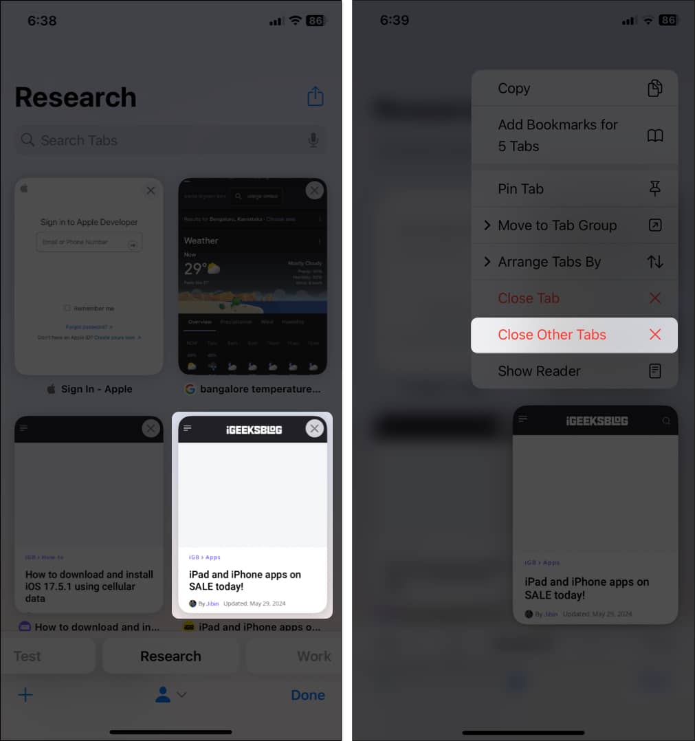 Long press tab thumbnail select close other tabs