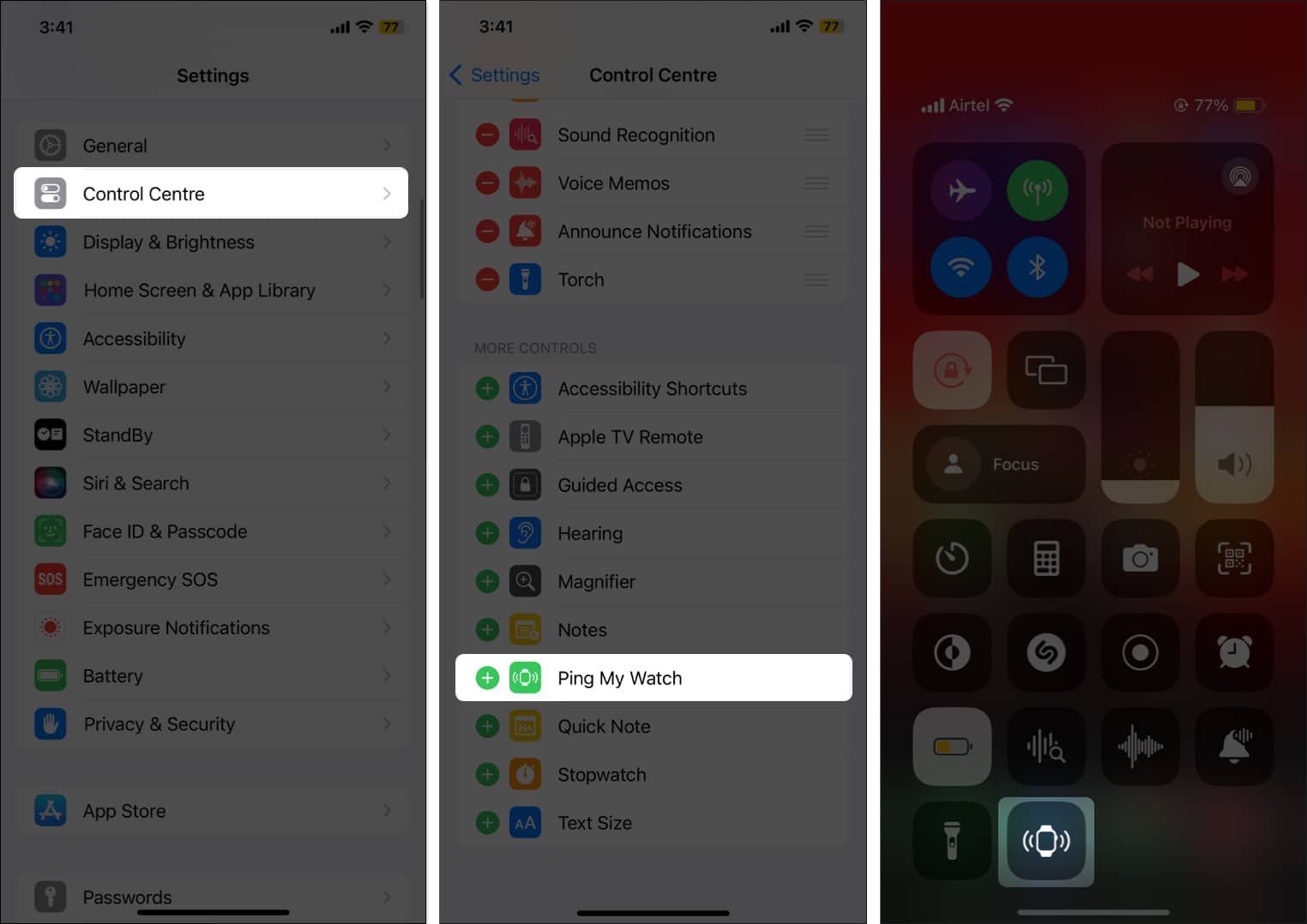 Select Control Centre Add ping my Watch to Control Centre and tap tile