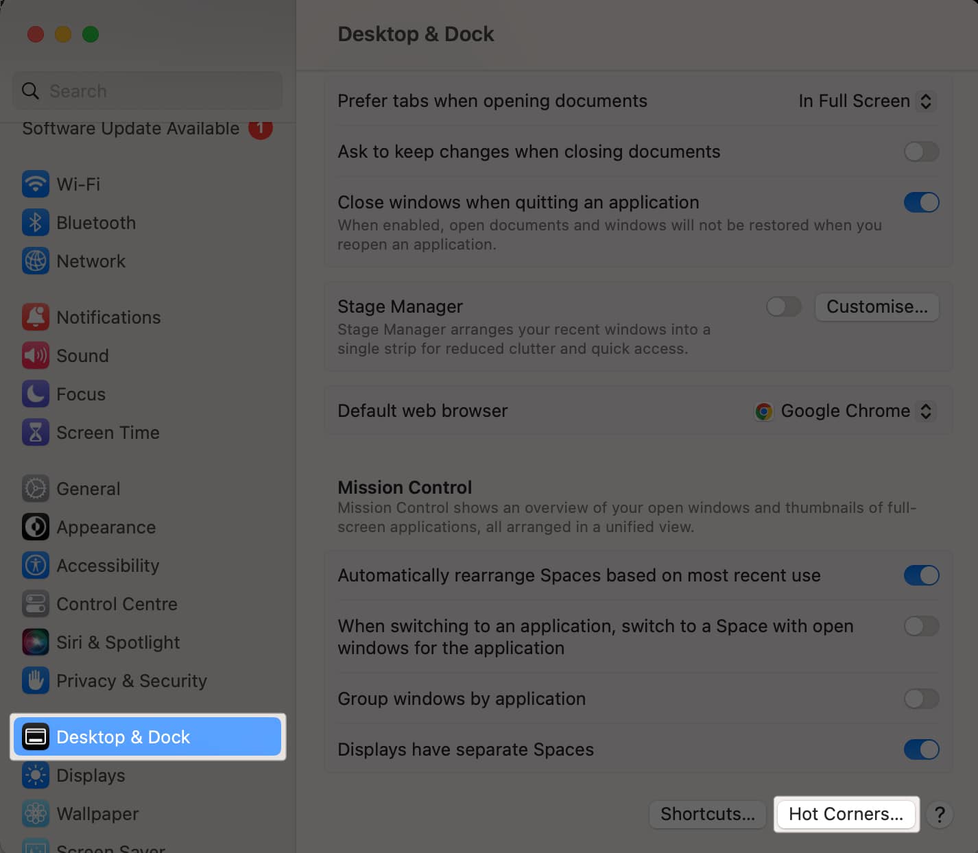 Select Desktop and Dock and then select Hot Corners