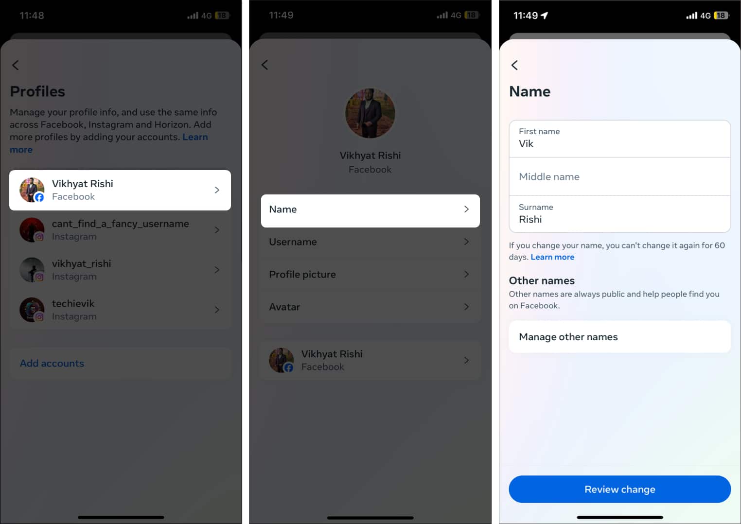 Select Facebook profile tap Name add new name select Review change