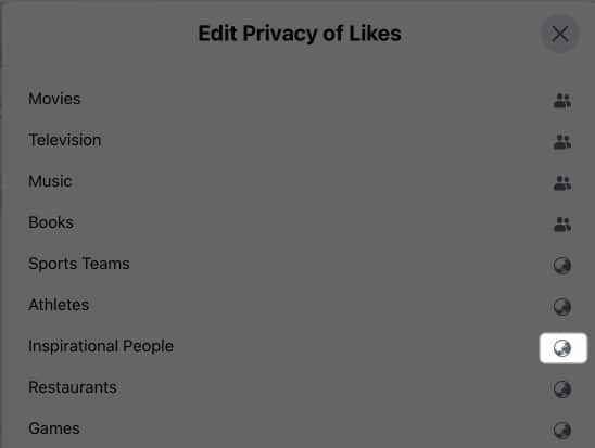Select globe icon to edit likes privacy