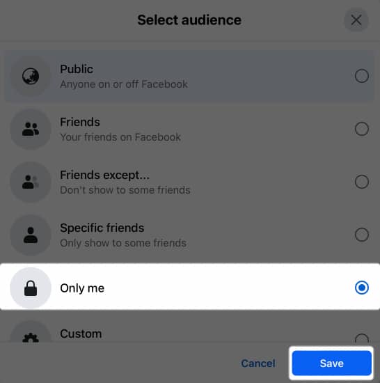 Select only me tap save
