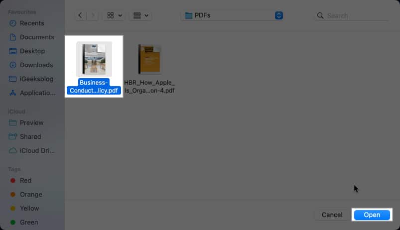 Select PDF in Preview app on Mac select Open